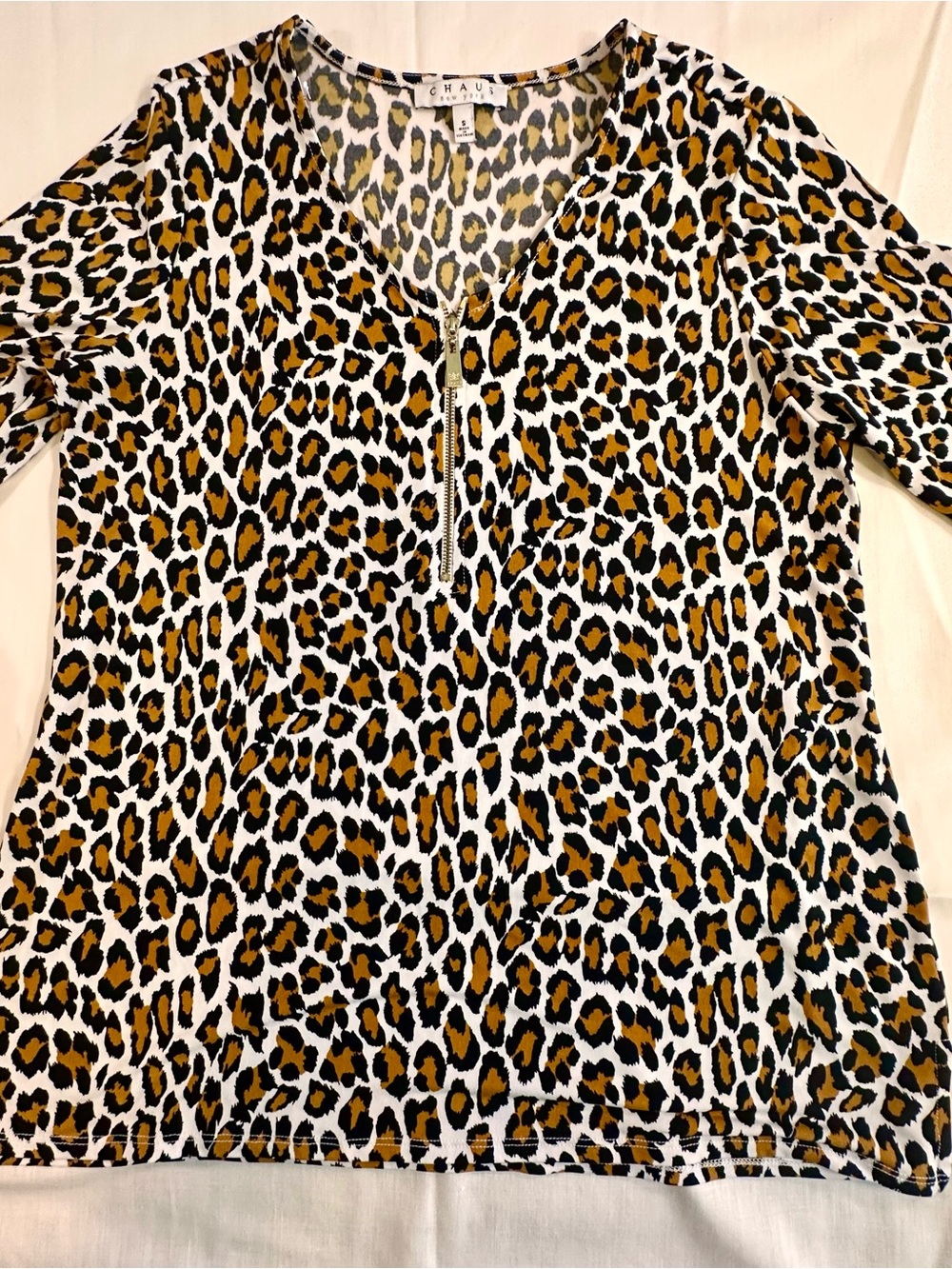 Chaus Leopard-Print Half-Zip Tunic in White, Brown and Black